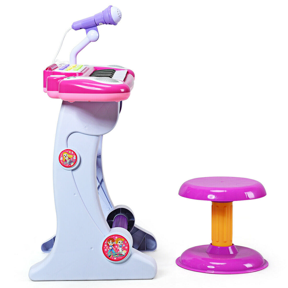 Kids toy piano with 37 keys, pink design, detachable microphone, and stool for musical fun and learning.