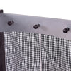 Close-up of the black and white checkered curtain on the Kids Wooden Modern Kitchen Cooking Pretend Play Set, featuring.