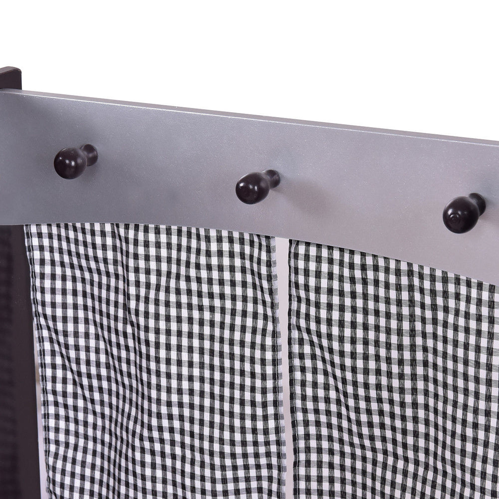 Close-up of the black and white checkered curtain on the Kids Wooden Modern Kitchen Cooking Pretend Play Set, featuring.