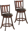 Set of 2 wooden counter height bar stools with 360-degree swivel and cushioned seats for kitchen or bar use.