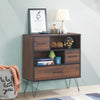 3-tier wood storage cabinet with drawers and metal legs, featuring open shelves for books and stylish design for living.