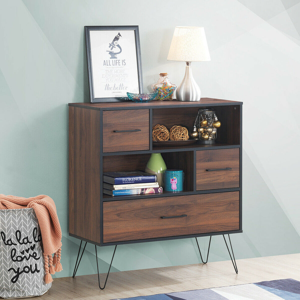 3-tier wood storage cabinet with drawers and metal legs, featuring open shelves for books and stylish design for living.