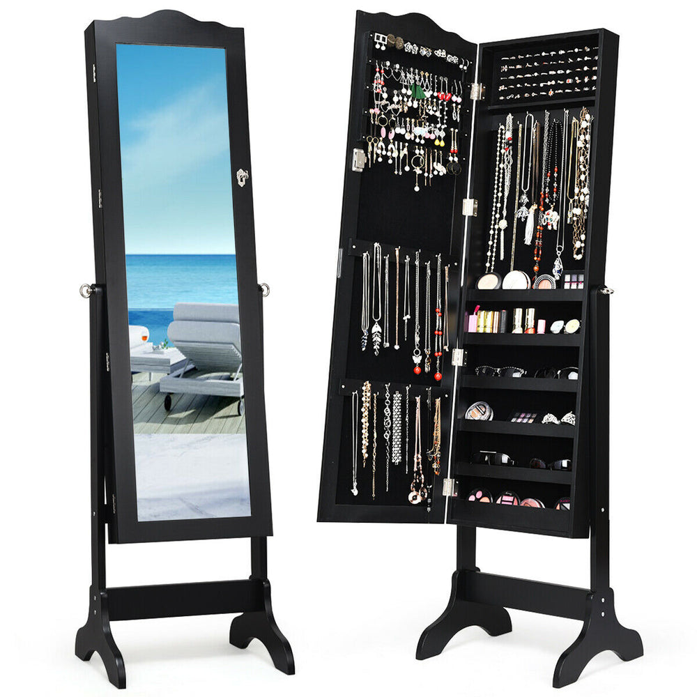 Lockable black jewelry cabinet armoire with full-size mirror, 5 shelves, 29 hooks, and 60 ring slots for organized.