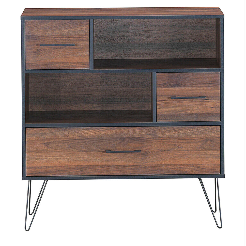3-tier wood storage cabinet with a drawer and metal legs, showcasing a modern design ideal for organizing items in any.