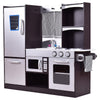 Kids wooden modern kitchen cooking pretend play set showcasing a fridge and ample storage space for creative cooking.