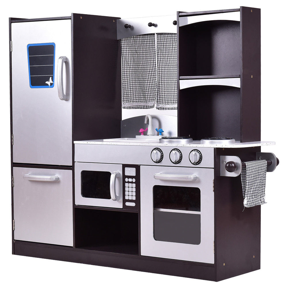 Kids wooden modern kitchen cooking pretend play set showcasing a fridge and ample storage space for creative cooking.