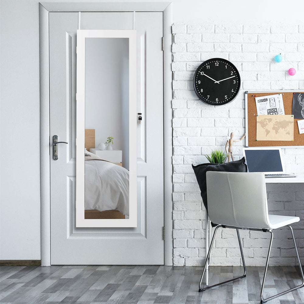 Wall mounted lockable mirror jewelry cabinet with LED light, showcasing full-length mirror and space-saving design for.