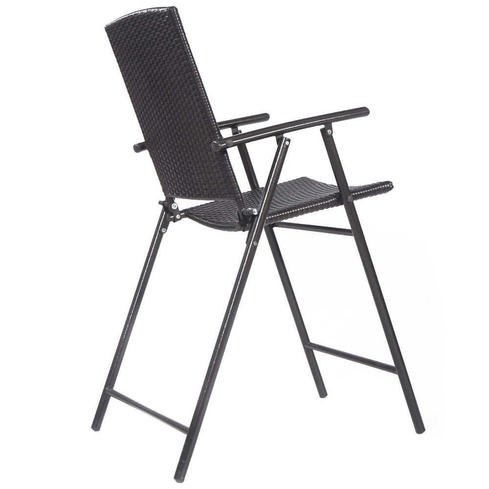 Folding rattan bar chair with armrests and footrest, featuring a durable steel frame for outdoor and indoor use.