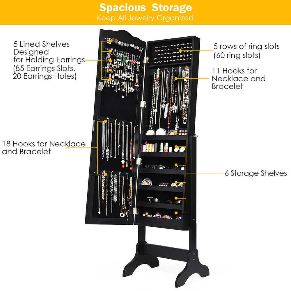 Mirrored lockable jewelry cabinet in black with 5 shelves, 29 hooks, and 60 ring slots for organized storage.