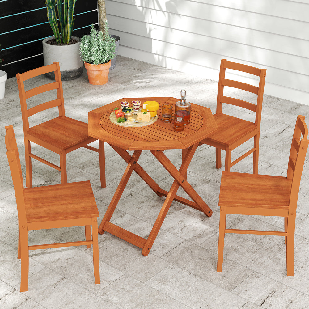 Octagon folding patio table with 2" umbrella hole and solid wood chairs, perfect for outdoor gatherings on the balcony.