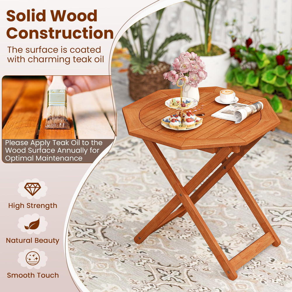 Octagon folding patio table with solid wood construction, 32" tabletop, and 2" umbrella hole for outdoor use.
