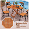 Octagon folding patio table with teak oil finish, 32" x 32" surface, accommodates 4 people, ideal for outdoor use.