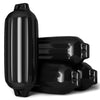 Black ribbed marine boat fenders, 8.5" x 27", made from UV-resistant vinyl for durable dock protection.