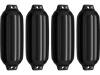 Four black ribbed marine boat fenders, 8.5" x 27", made of UV-resistant vinyl for durable dock protection.