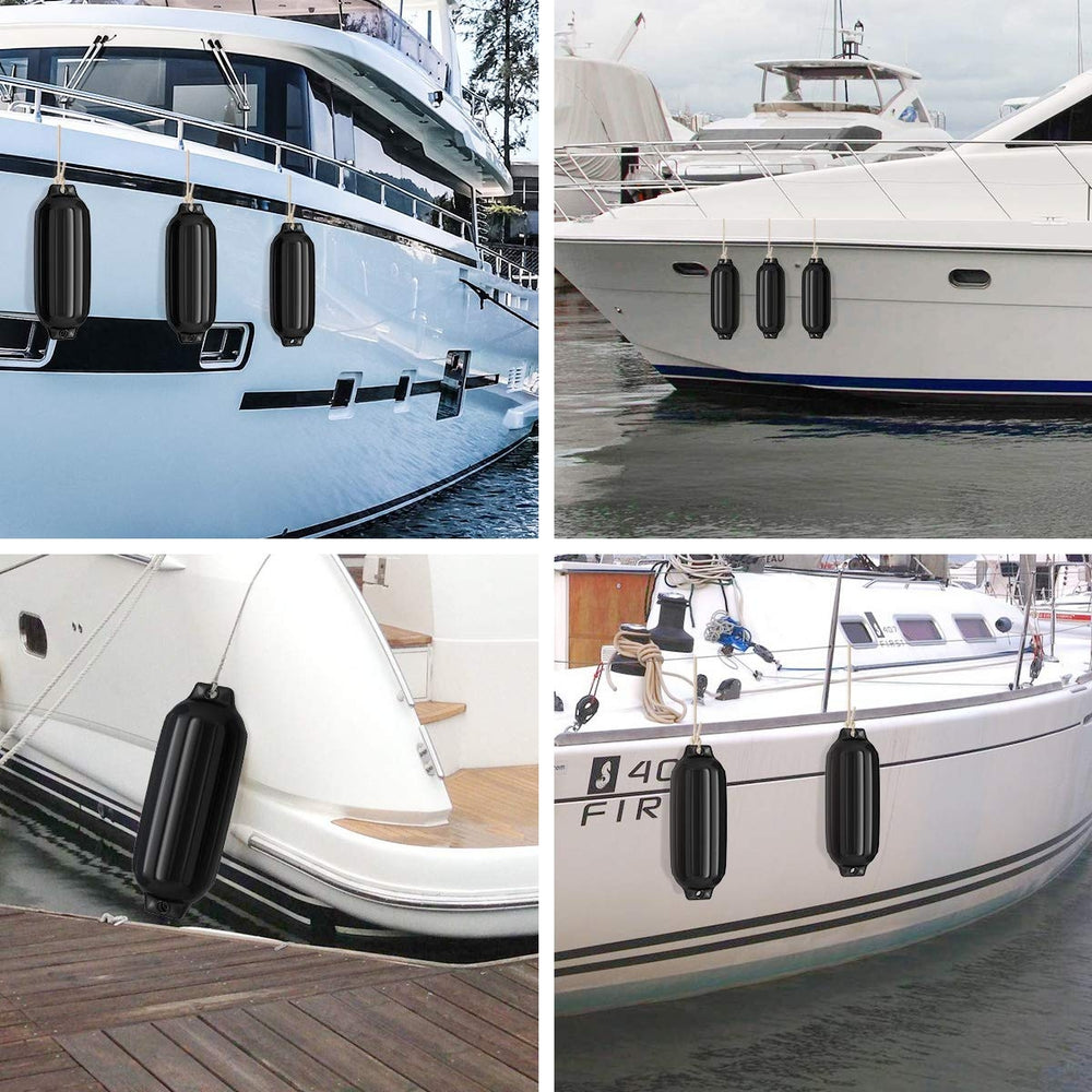 Four black ribbed marine boat fenders, 8.5" x 27", providing durable protection for docking and collision resistance.