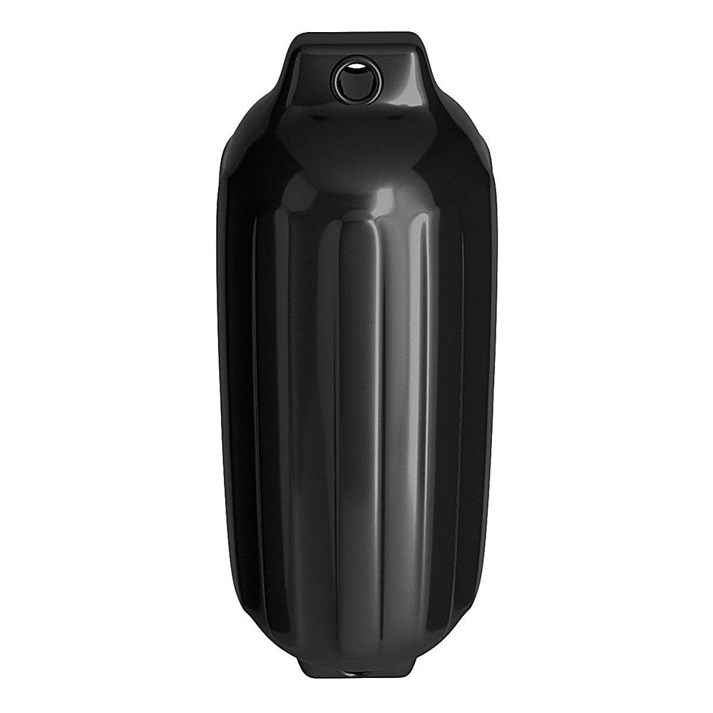 Black 8.5" x 27" ribbed marine boat fender made of UV-resistant vinyl for dock protection and durability.