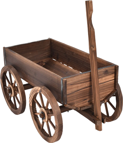 Costway Wooden Wagon Planter Pot Stand with Wheels 18462357 New