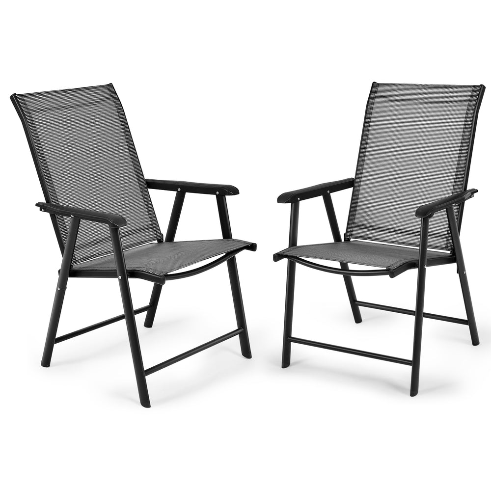 Two gray folding patio chairs with steel frames, ideal for outdoor camping and gatherings, showcasing a durable design.