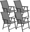 Four gray folding patio chairs with steel frames, ideal for outdoor camping and gatherings, easy to transport and store.