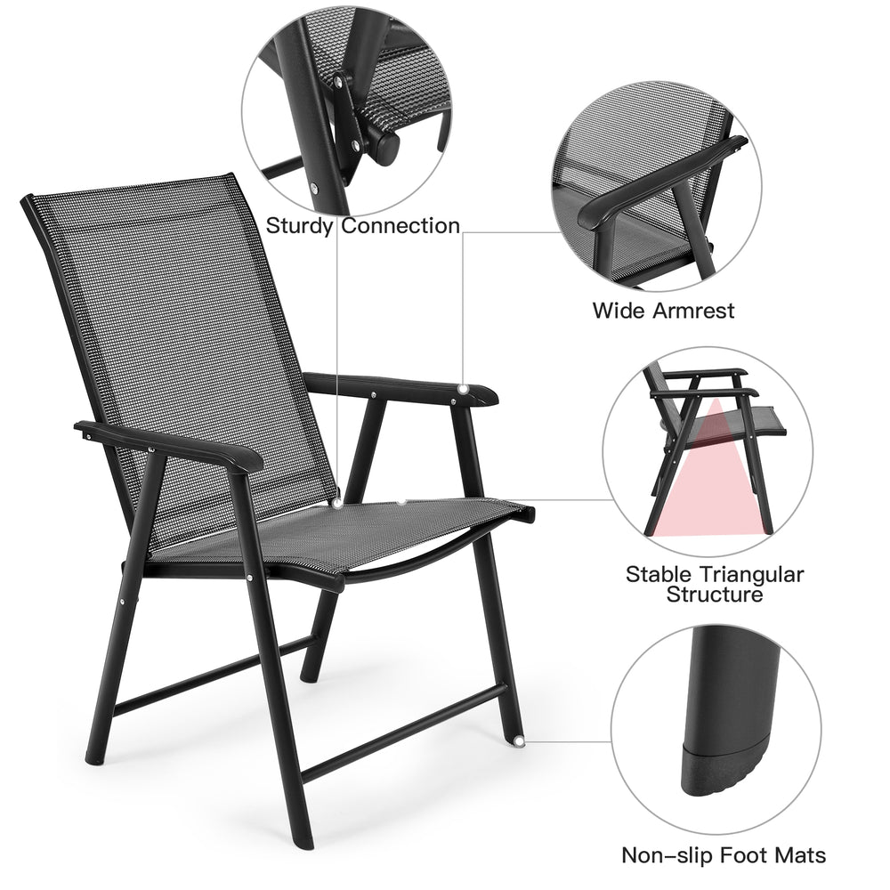 Gray folding patio chair with sturdy steel frame, wide armrest, and non-slip foot mats, perfect for outdoor camping.