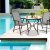 Gray folding patio chairs with steel frames, perfect for outdoor camping and gatherings by the poolside.