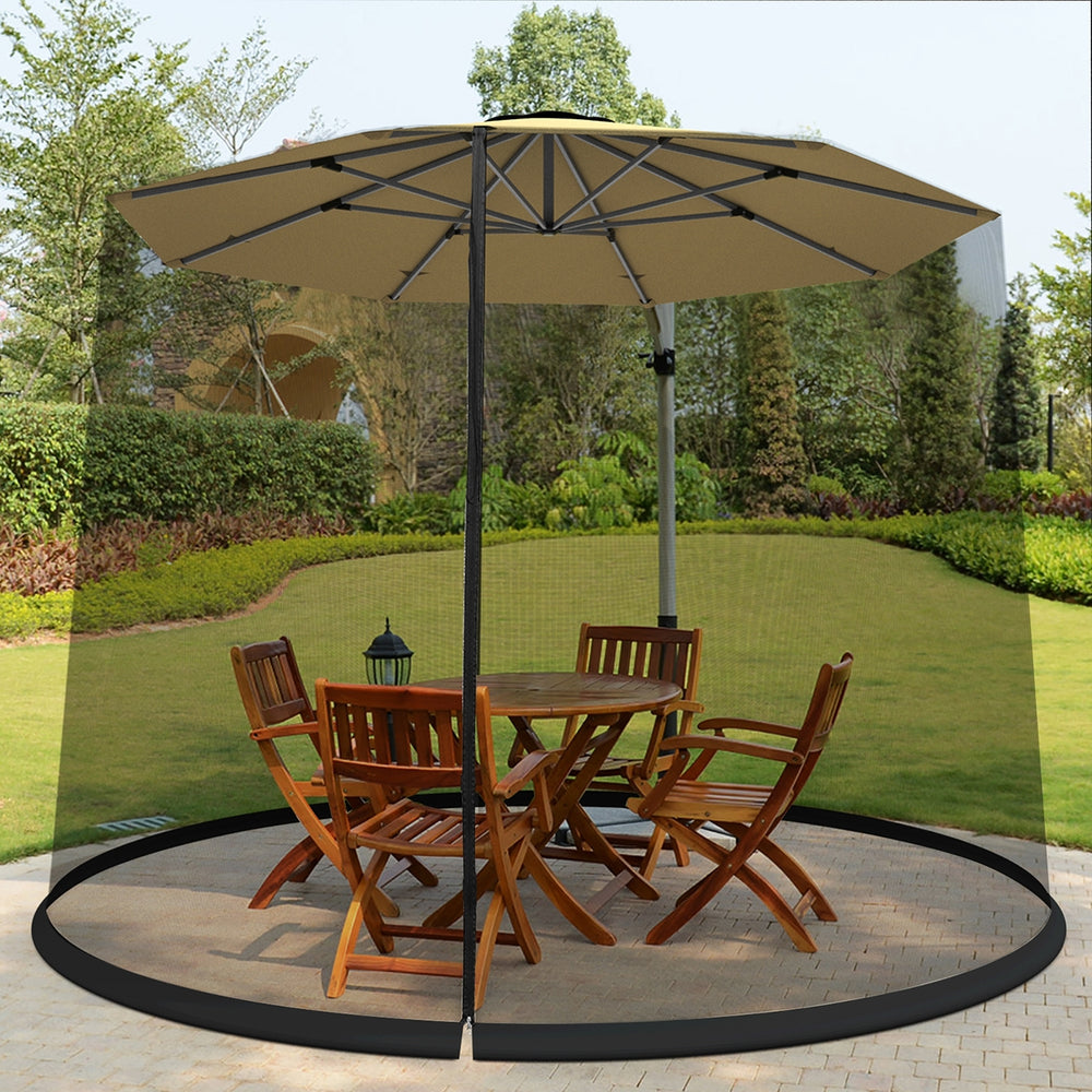Outdoor umbrella table screen netting for 9-10 ft umbrellas, featuring zippered entrance and adjustable drawstring.