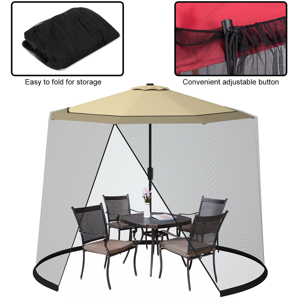 Outdoor umbrella table screen netting for 9-10 ft umbrellas, adjustable, lightweight, and easy to store.