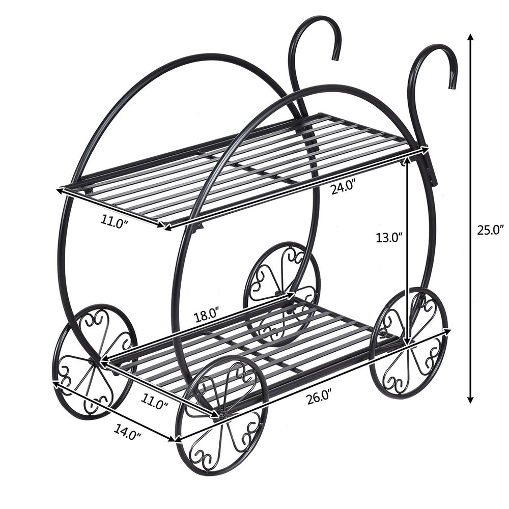 Two-tier heavy duty metal flower cart plant stand with curved handles and decorative wheels for displaying potted.