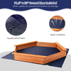 Hexagon wooden cedar sand box with seat boards, featuring durable oxford ground liner for drainage and sand upkeep.
