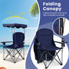 Portable blue folding beach canopy chair with adjustable shade, cup holders, and ergonomic backrest for outdoor.