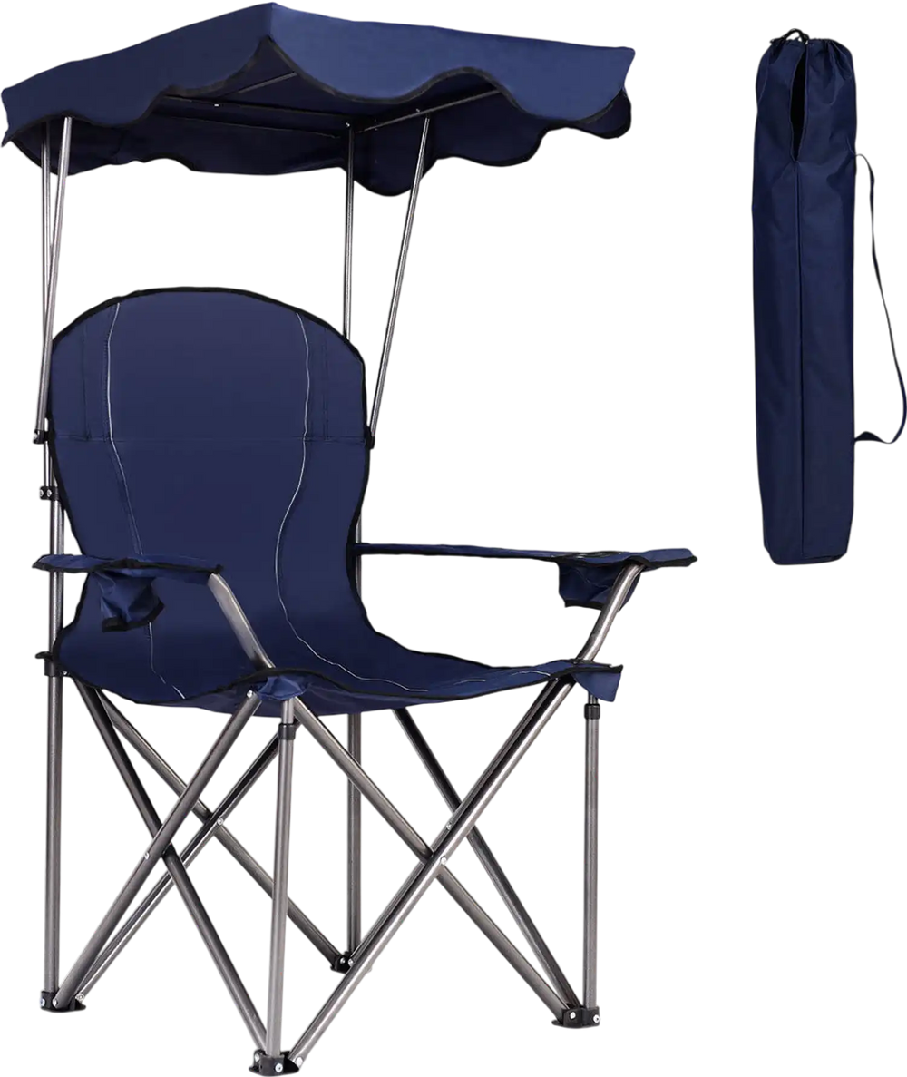Portable folding beach canopy chair in blue with adjustable shade, cup holders, and carry bag for outdoor relaxation.