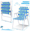Folding beach chair in blue with dimensions shown, featuring a sturdy steel frame and fade-resistant webbing for.