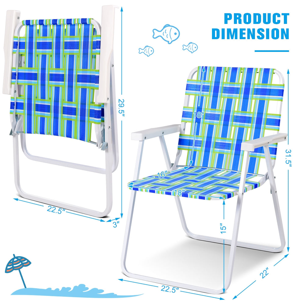 Folding beach chair in blue with dimensions shown, featuring a sturdy steel frame and fade-resistant webbing for.