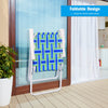 Folding beach chair in blue webbing with a portable design, ideal for easy storage and outdoor activities.