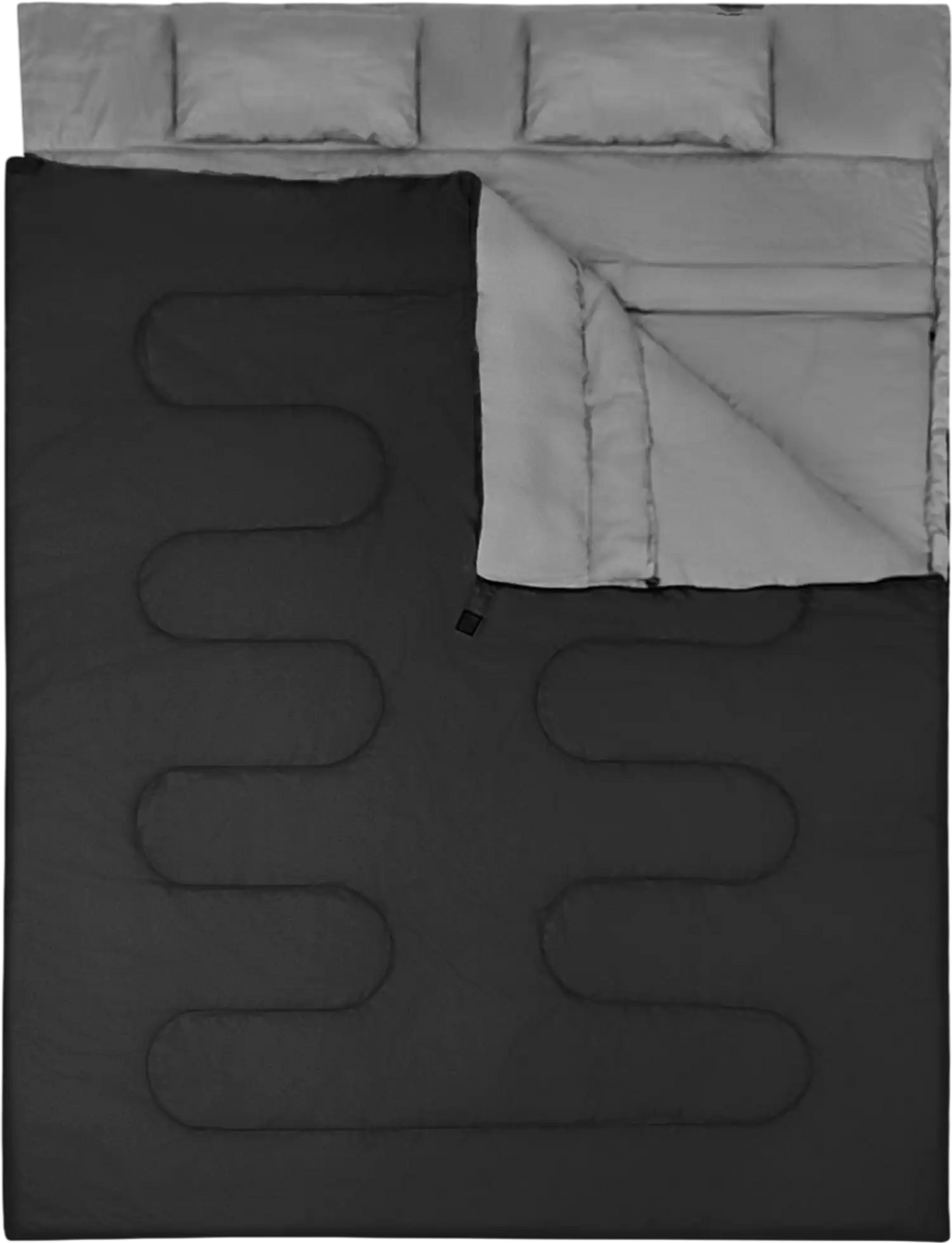 Two-person waterproof sleeping bag in black with two pillows, designed for camping and travel, featuring side zippers.