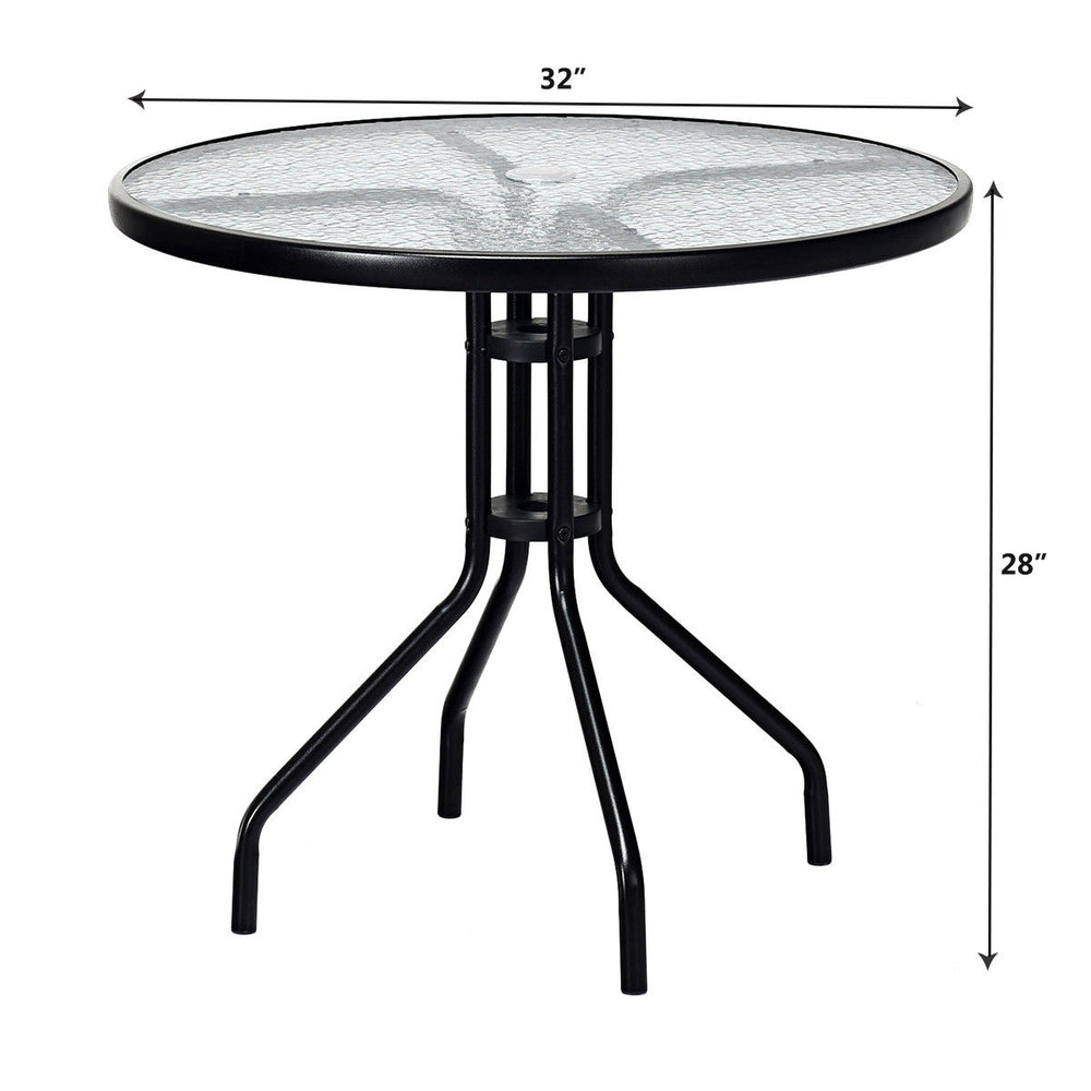 Round 32-inch outdoor patio table with tempered glass top and umbrella hole, made of rust-proof black painted steel.