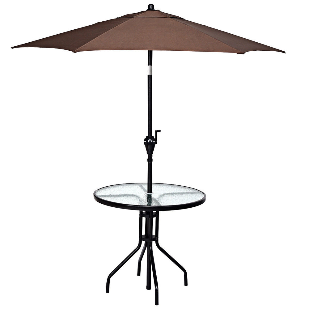 Round 32-inch outdoor patio table with tempered glass top and umbrella hole, perfect for indoor and outdoor use.
