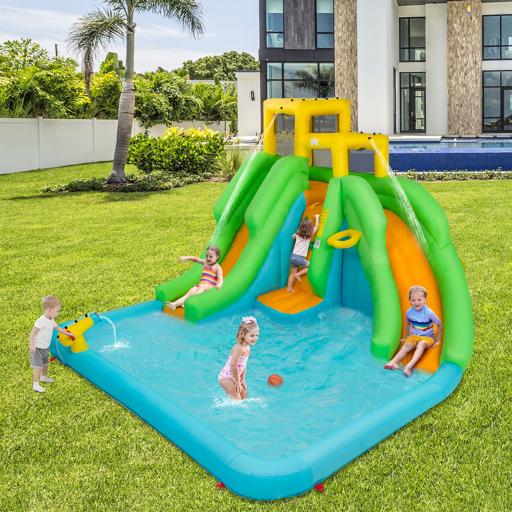 Kids inflatable water park bounce house with bright colors, multiple play areas, and water spraying function for.