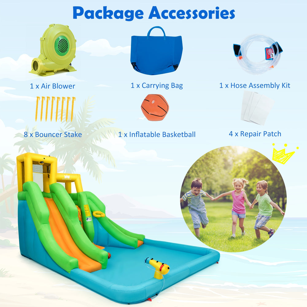 Kids inflatable water park bounce house with dual slides, bright colors, and included air blower for outdoor fun.