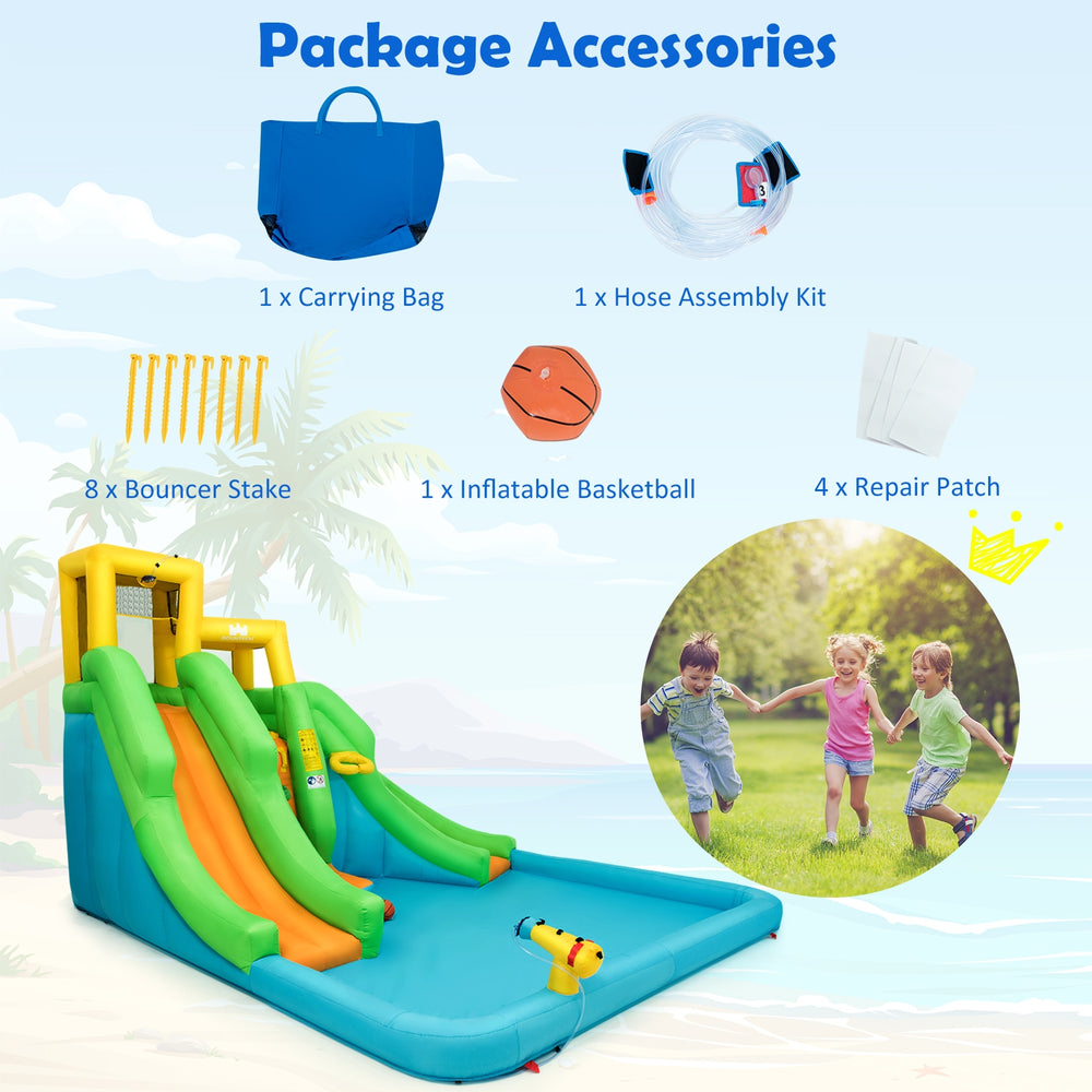 Kids inflatable water park bounce house accessories including carrying bag, hose kit, bouncer stakes, and repair.