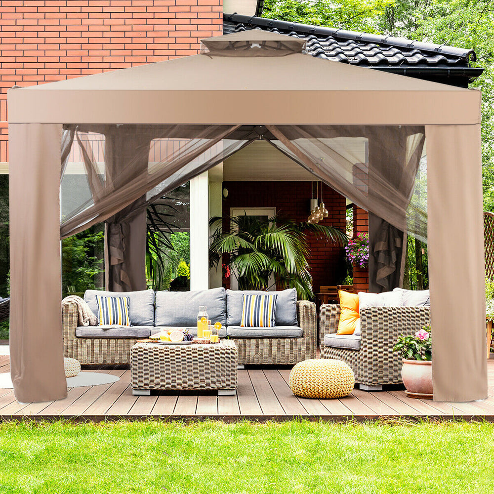 Brown gazebo with netting, featuring durable polyester fabric, spacious for 3-4 people, ideal for outdoor activities.