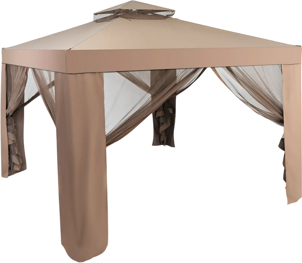 Brown outdoor gazebo featuring mesh panels and a double-tier top, perfect for providing shade and ventilation during.