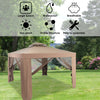 Brown outdoor gazebo with mesh panels and a double-tier top, designed for ventilation and rain protection in outdoor.