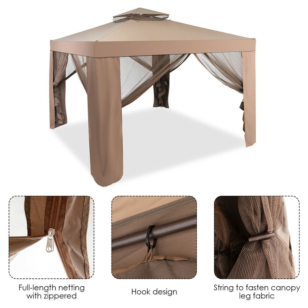 Brown gazebo with netting, featuring a double-tier top and spacious design for outdoor gatherings and protection from.