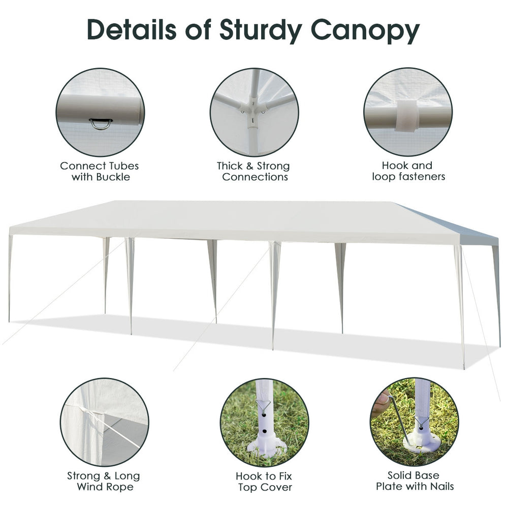 Sturdy 10 x 30 feet gazebo canopy tent with thick PE material, strong connections, and wind ropes for outdoor events.
