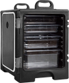 81-quart insulated food pan carrier in black with a revolving door, ideal for maintaining food temperatures for events.