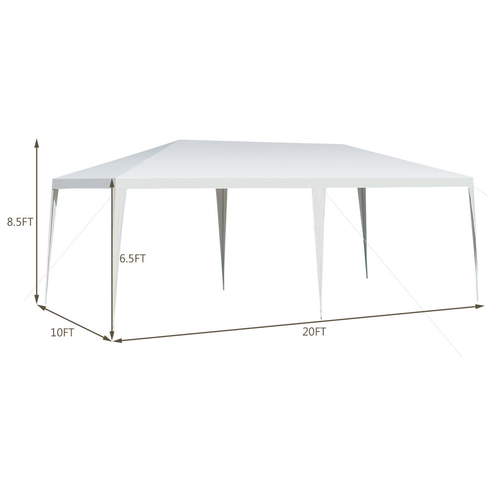 10 x 20 feet waterproof canopy tent in bright white, featuring a rust-resistant frame, ideal for outdoor events.