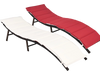 Folding patio lounger chairs in red and beige with premium wicker, ideal for poolside and outdoor relaxation.
