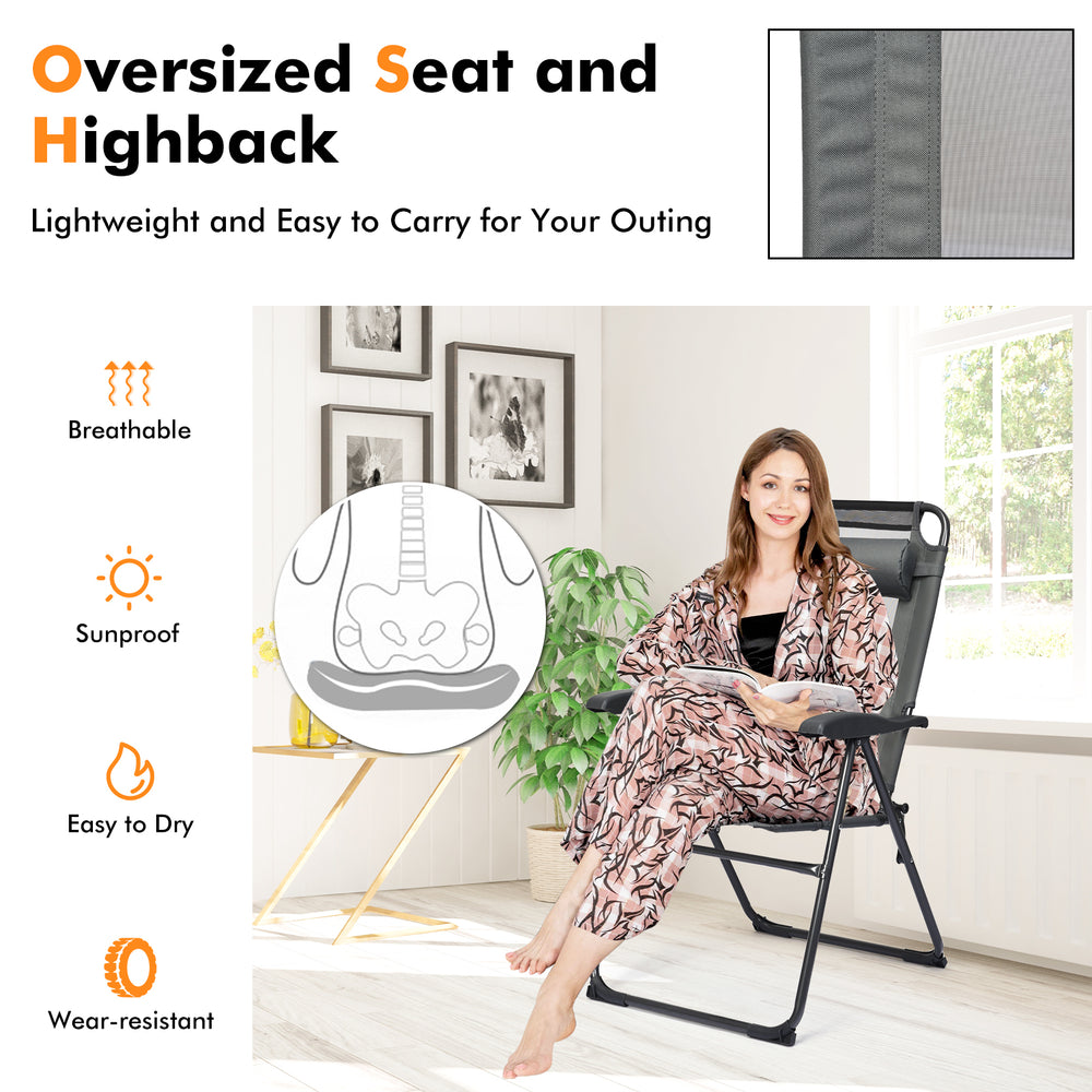 Oversized gray folding recliner chair with adjustable backrest, breathable fabric, perfect for outdoor relaxation.