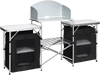 Folding camping table with storage organizer, featuring two side tables and a large countertop for outdoor cooking.